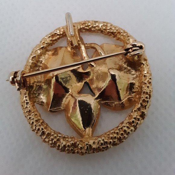 Vintage Enamel Circle Floral Pin Brooch Pendant Gold Tone - Picture 3 of 7